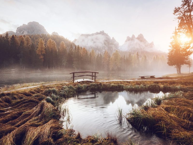 Great view of the foggy lake Antorno in National Park Tre Cime d Great view of the foggy lake Antorno in National Park Tre Cime di Lavaredo. Location Auronzo, Misurina, Dolomiti alps, South Tyrol, Italy, Europe. Vintage style. Instagram toning effect. Beauty world.